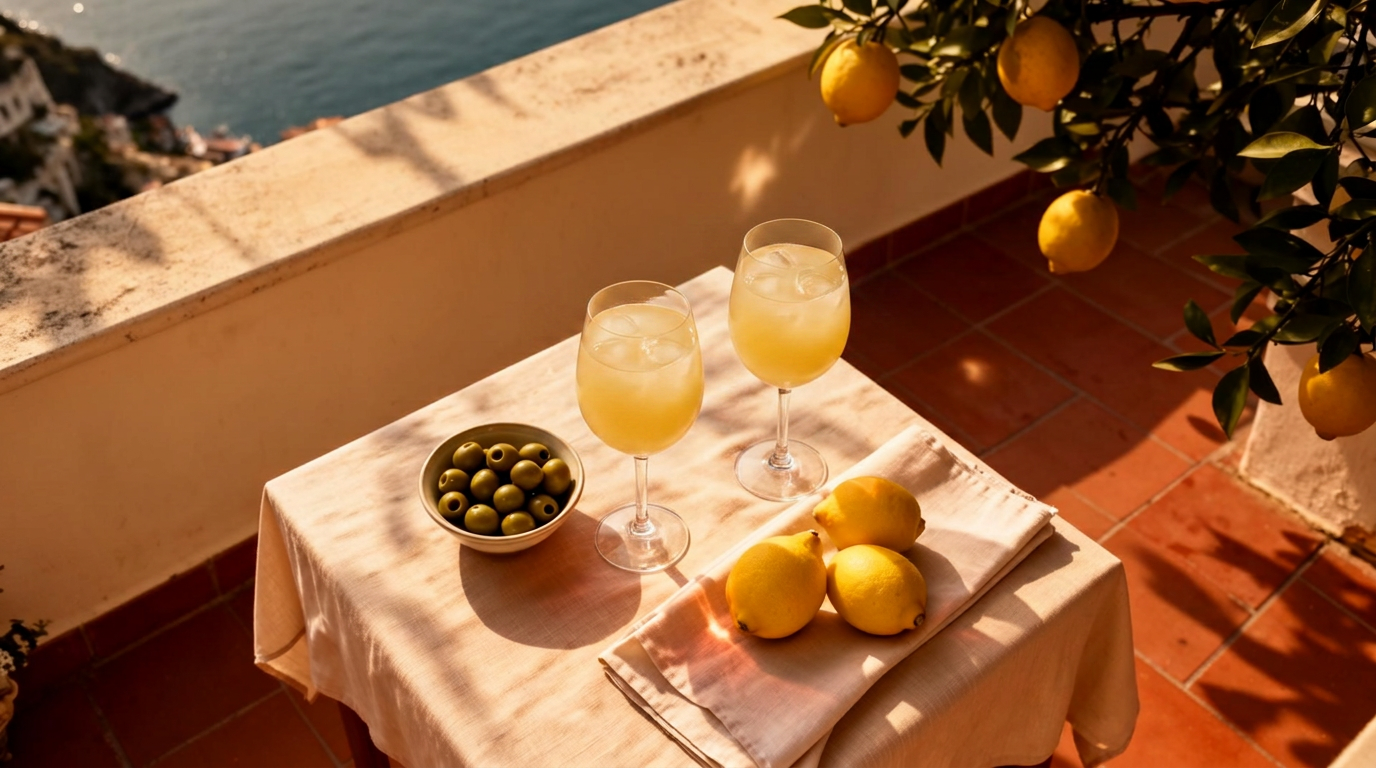 Italiaanse tafel met spritz, olijven en citroenen op een terras